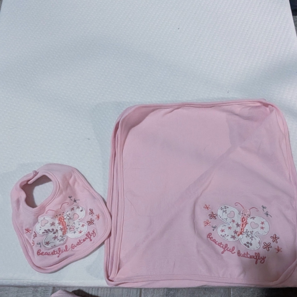 Pink Butterfly Baby Bib and Blanket Set